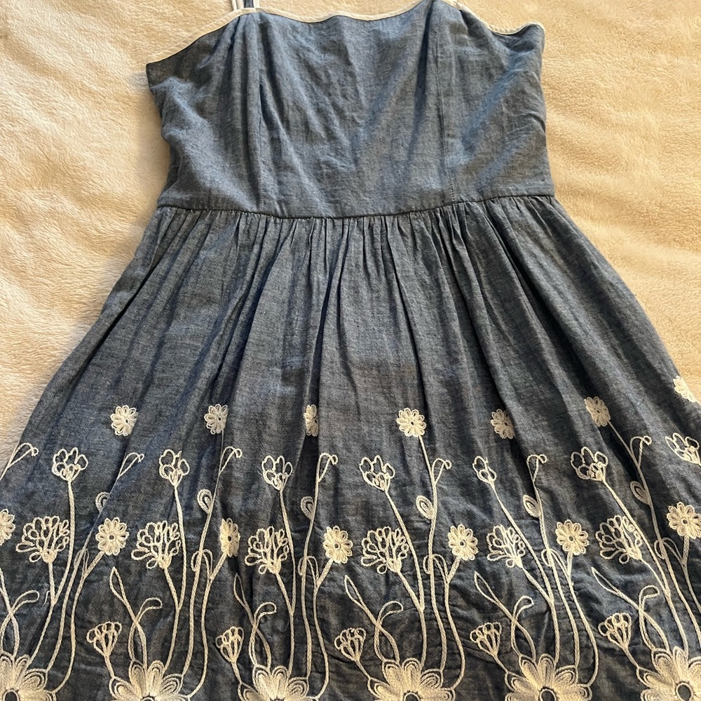 Blue cotton mini summer dress with stitched flower accents